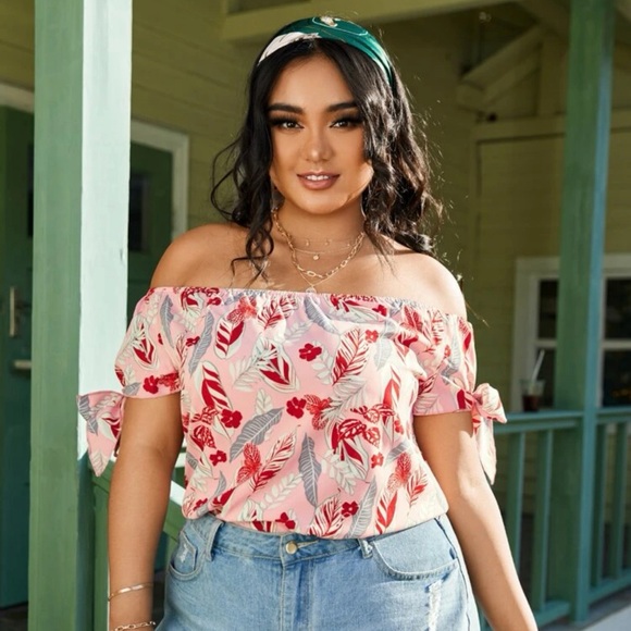 SHEIN Tops - SHEIN - Tropical Print Knotted Bardot Blouse - Size 0X